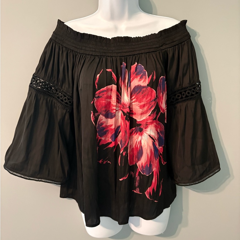 Jennifer Lopez Black Blouse with Pink Floral Design